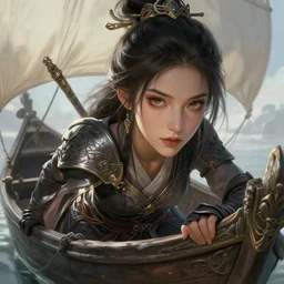 A beautiful female warrior posing on a boat, beautiful face, highly detailed face, close-up, fantasy art, female art, in the style of greg rutkowski, illustration, epic, fantasy, intricate, hyper detailed, artstation, concept art, smooth, sharp focus, ray tracing