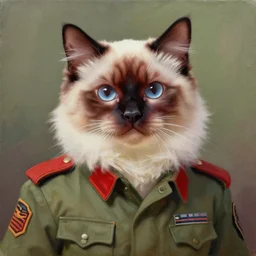 painting of red mitted ragdoll in military uniform