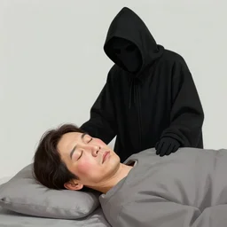 the grim reaper standing over a 50 year old brunnette chinese man with puffy cheeks lying with closed eyes on the ground next to a white super car crash, horror scene, dramatic, anime art, Greg Rutkowski, studio ghibli, dramatic lighting