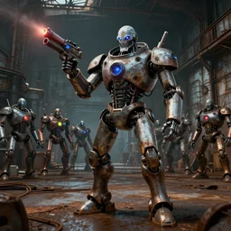 a robot mad scientist overlord, his robot army is in the background, in a huge rusty warehouse, raygun gothic, atomic punk, digital art, octane render, 4 k, 8 k, 3 2 k uhd