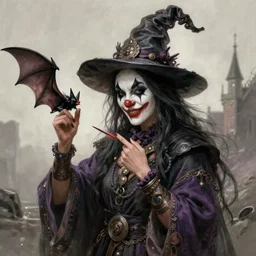 beautiful ancient witch with clown face uses bat magic, highly detailed, digital painting, artstation, sharp focus, illustration, art by tan zi and ayanamikodon and alphonse and wlop