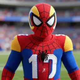 a closeup photorealistic photograph of a colorful knitted spider man themed la rams football player. professional capture. bright scene. this 4 k hd image is trending on artstation, featured on behance, well - rendered, extra crisp, features intricate detail, epic composition and the style of unreal engine.