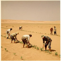 An image in a magazine depicting farmers working on mars in traditional farmers outfits, 1920s speculative futurism, distant shot, some growing crops visible amongst sand