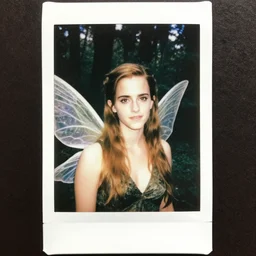 polaroid photographic closeup portrait of emma watson as a fairy, fairy wings in the forest