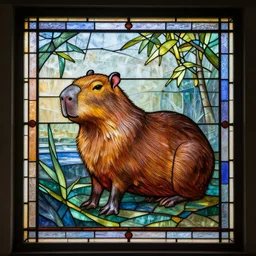 a beautiful stained glass window of a capybara by louis comfort tiffany and john la farge, colorful, 4 k, trending, ultra realistic
