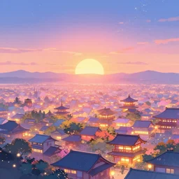 a colorful glowing heavenly japanese city, sunset, stars, particles, pastel, artstation, digital art.