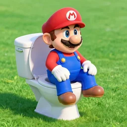 mario sitting on a toilet in a middle of the football field