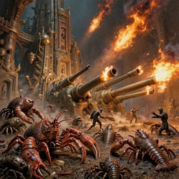 inks of varied filthy rugated armored crustaceans clawing & terrified as massive brutalist structure, claustrophobic drag race, clustered back cannons firing meteors, by virgil finlay, vincente b ballestar, by francesco blanc, geof darrow, bisley, & by jack gaughan high resolution, hyper detailed, cinematic, ornate masterpiece, torch light