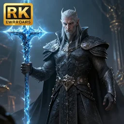 sauron as the lich king holding frostmourne, art by greg rutkowski gaston bussiere fantasy soft hair trending on artstation deviantart book cover art concept art key art dramatic volumetric lighting, 4 k, award winning