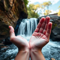 hands cupping a waterfall from the universe, photography, photoshoot, magnification, double - exposure