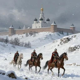 Landscape of snowy mountains where we can perceive in the distance two ancient roman centurions on horses crossing the snow, distant imperial russian citadel with black domes and spires, snow storm, highly detailed, digital painting, artstation, concept art, illustration, art by Bayard Wu and Marc Simonetti and Diego Gisbert Llorens