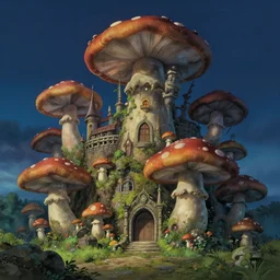 highly detailed illustration of a mushroom castle at night, studio ghibli, ultra realistic, 4 k resolution, artstation
