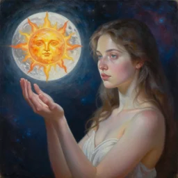 jade women holds the moon and the sun, in the background you can see the universe. by Daniel F. Gerhartz, hyperrealistic oil painting, 4k, very detailed faces, studio lightning