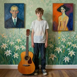 portrait of nervous boy with in a room with an acoustic guitar standing next, wall paper field of lily's, vincent lafevre and francis bacon and pat steir and hilma af klint, psychological, photorealistic, dripping paint, washy brush, rendered in octane, altermodern, masterpiece
