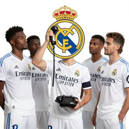 real madrid fc team lifting a fax telephone