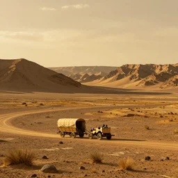 a caravan traveling down the valleys of mars, golden hour, in the style of the Hudson river school