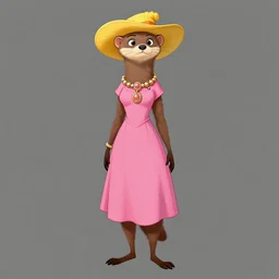 detailed fashion silhouette : female marten character : wearing jewelry : wearing a pink dress : wearing yellow hat : head torso legs feet : lorax movie : artstation