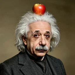 albert einstein with an apple on his head