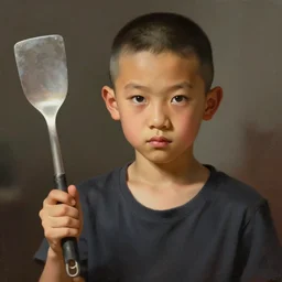 dramatic portrait of chinese boy buzz cut, holding a spatula, digital painting
