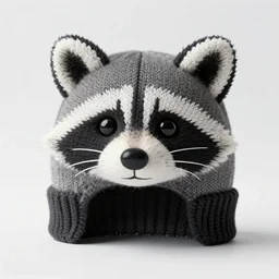 a knitted hat shaped like a raccoon, very detailed, product photo