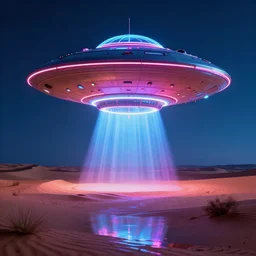 a ufo over the desert, neon, retrowave art, artstation, volumetric light, high detail, reflections, perfect, concept art, hdr, 4 k