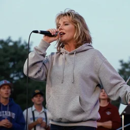 1 9 9 0 s video still of susan sarandon, wearing a hip hop hoodie, rapping on stage at a small outdoor concert, vhs artifacts