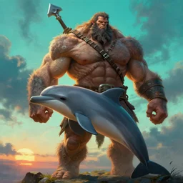 muscular oversized dolphin animal as barbarian hunter  with weapon and anthropomorphic human oversized mutant proportions and very hairy body , backlight  body , extreme very textured detailed intricate  futuristic painting by rembrandt, sunset, dramatic clouds cyan atmosphere
