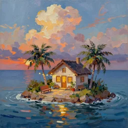 in a big sea is a small island with a cute cozy cottage on it and a paved courtyard with benches and string lights, palm trees, sunset, puffy clouds, dramatic and dynamic lighting, thick brush strokes oil impasto painting