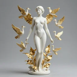 full body, beautiful female black, porcelain sculpture, with lots of ornate gold leaf 3 d ibis birds attached to head by daniel arsham and james jean, on a white background, delicate facial features, white eyes, white lashes,