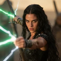 epic photo of young demi moore as beautiful medieval sorceress with very long black hair, battle scene, shooting bolts of electricity from her staff, sweaty, detailed eyes, neutral expression, shallow depth of field, photorealistic, cinematic lighting, lovely bokeh, warm colours, dusk, movie quality, green glow from the left, excalibur 1 9 8 5, movie still, cinemascope