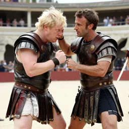 film still of a gladiator arena duel fight, boris johnson wrestles emmanuel macron holding his head