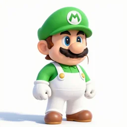 professional fantasy art of new mario brother in green shirt and white overalls, with s on hat, long thin drooping dangling moustache, very sad face, looking at camera, professional art, dnd, fantasy art, red moon, matte painting, volumetric lighting, unreal engine 5, very detailed art