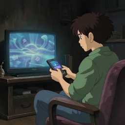 beautiful art by studio ghibli of my friend mark kidd playing fallout new vegas on the xbox 3 6 0 in his dark living room. he is illuminated by the glow of the tv. cinematic composition, anime.