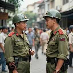 two american military police in saigon city conversing with locals, vietnam war, saigon city, detailed, realistic, 4 k, hdr, sharp focus