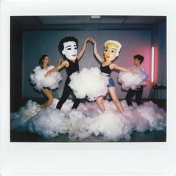 polaroid of dancers that are made from cotton candy, smoke and clouds, wearing giant paper masks, mix, DADA collage, texture, lomography, fashion neon light