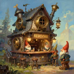 A cheerful gnomish steampunk tavern,  very coherent, painted by Edward Hopper, Wayne Barlowe, painted by James Gilleard, airbrush,  art by JamesJean