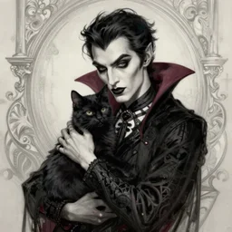 an elegant modern gothic vampire holding lovingly a black cat on her arms, portrait, intricate, elegant, highly detailed, digital painting, artstation, concept art, rough, sharp focus, illustration, art by artgerm and greg rutkowski and alphonse mucha and cris ortega and serge birault