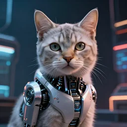 professional photo of cyborg cat, cyberpunk background, blade runner, hyperrealistic masterpiece, trending on artstation, cgsociety, kodakchrome, golden ratio, cinematic, composition, beautiful lighting, hyper detailed, sharp focus, octane render, 4 k, unreal engine