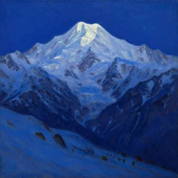 mt elbrus at night, arkhip kuindzhi painting, oil painting, luminous light, blue palette