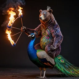 bear spinning fire poi sitting on a peacock, painted by lisa frank, alex grey and tim hildebrandt, volumetric lighting, hyper realism, highly detailed, dmt, lsd, psilocybin, sharp focus, sharp contrast, 8 k