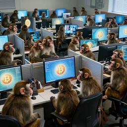 fifty monkeys are staring a individual computer screens in a crowded cubicle - style office, the computer screens have bitcoin logos, hyperrealism, unreal engine 5, 4 k, harsh contrast lighting