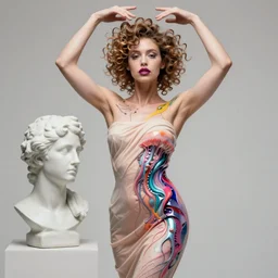 Vass Roland cover art body art arms up armpit hand accelerationist behind head pose future bass girl unwrapped dress smooth body unfolds statue bust curls of hair petite lush front and side view body photography model full body curly jellyfish lips art contrast vibrant futuristic fabric skin jellyfish material metal veins style of Jonathan Zawada, Thisset colours simple background objective