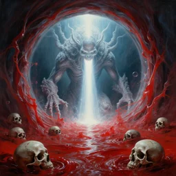 a realistic painting of a lovecraft cthulhu creature inside a singular portal hell gate, shining its light across a tumultuous sea of red fluids and skulls by zdzisław beksinski and h. r. giger, translucent, photorealistic, hyperrealism, high resolution, ultra - detailed