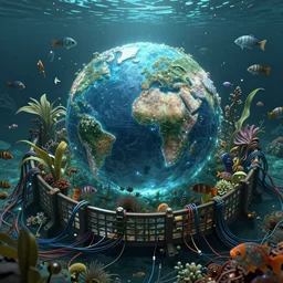 an intricate concept art illustration of an undergrowth fish pen ocean, global illumination, computer wires, digital art, photorealistic movie still, style ivan talavera and artgerm, hyper realistic, photorealistic, octane render, trending on artstation, cgsociety, cinematic light, 8 k