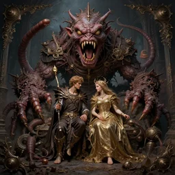 Adam and eve with a screaming worm monster, maximalist, high detail, 8k, ornate, dark fantasy, realistic, masterpiece, complex, wide angle, by Jodorowskys