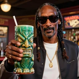 a closeup photorealistic photograph of snoop dogg at trader vic's bar holding a snoop dogg tiki mug. brightly lit scene. this 4 k hd image is trending on artstation, featured on behance, well - rendered, extra crisp, features intricate detail, epic composition and the style of unreal engine.