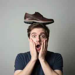 a man surprised because he has a shoe on top of his head. - h 7 6 8