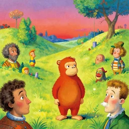 curious george illustrated by stephen gammell dr seuss francisco goya max ernst graham ingels, wide angle landscape beautiful vibrant colors. realistic faces colorful image. award - winning art!