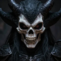 a close up view of a demonic looking creature, large, black demonic hat, dark, symmetrical eyes, wide skull face, symmetrical eyes, dark hair, dark armor, dark