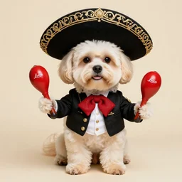a cream-colored Havanese dog dressed as a mariachi musician, holding maracas, Leica 35mm, 4K